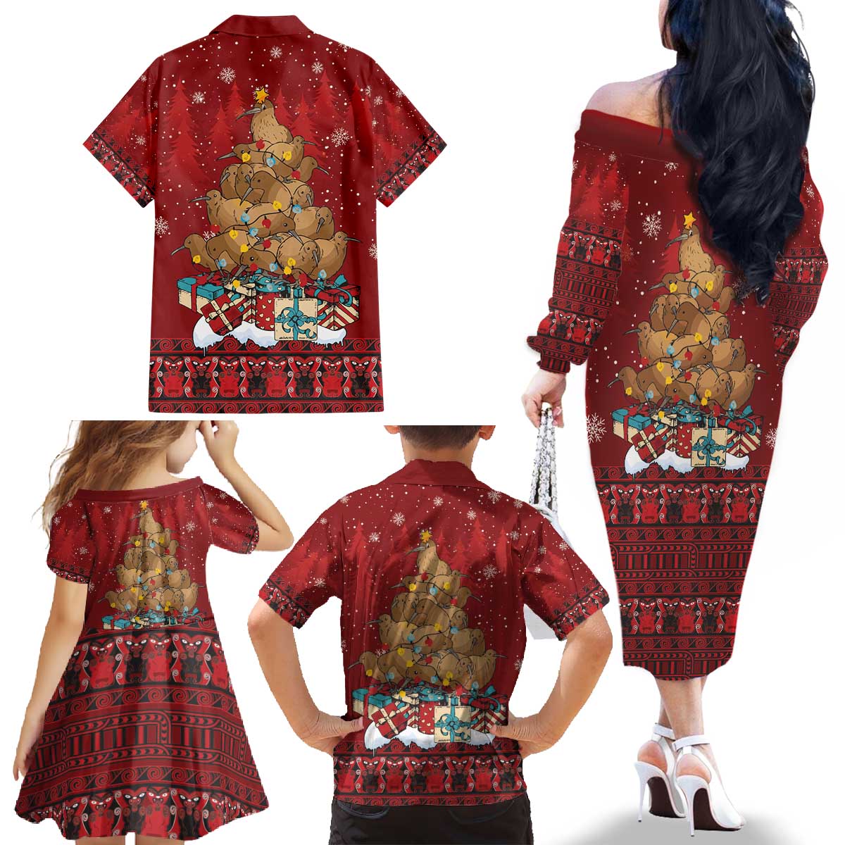 Funny Kiwi Bird Xmas Tree Family Matching Off The Shoulder Long Sleeve Dress and Hawaiian Shirt New Zealand Tribal Christmas Spirit - Polynesian Pride