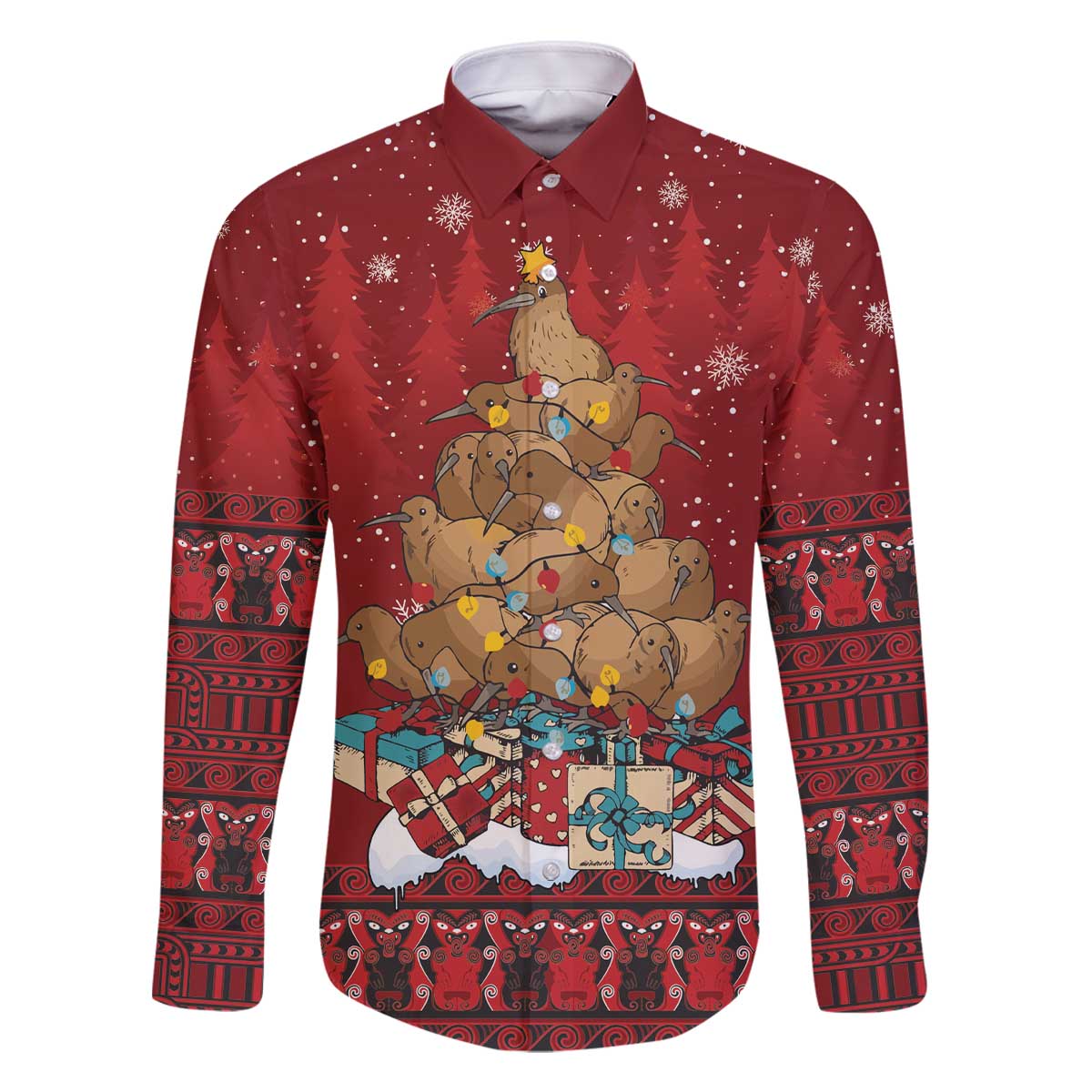 Funny Kiwi Bird Xmas Tree Family Matching Off The Shoulder Long Sleeve Dress and Hawaiian Shirt New Zealand Tribal Christmas Spirit - Polynesian Pride