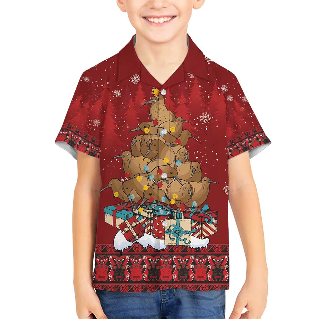 Funny Kiwi Bird Xmas Tree Family Matching Off Shoulder Short Dress and Hawaiian Shirt New Zealand Tribal Christmas Spirit - Polynesian Pride