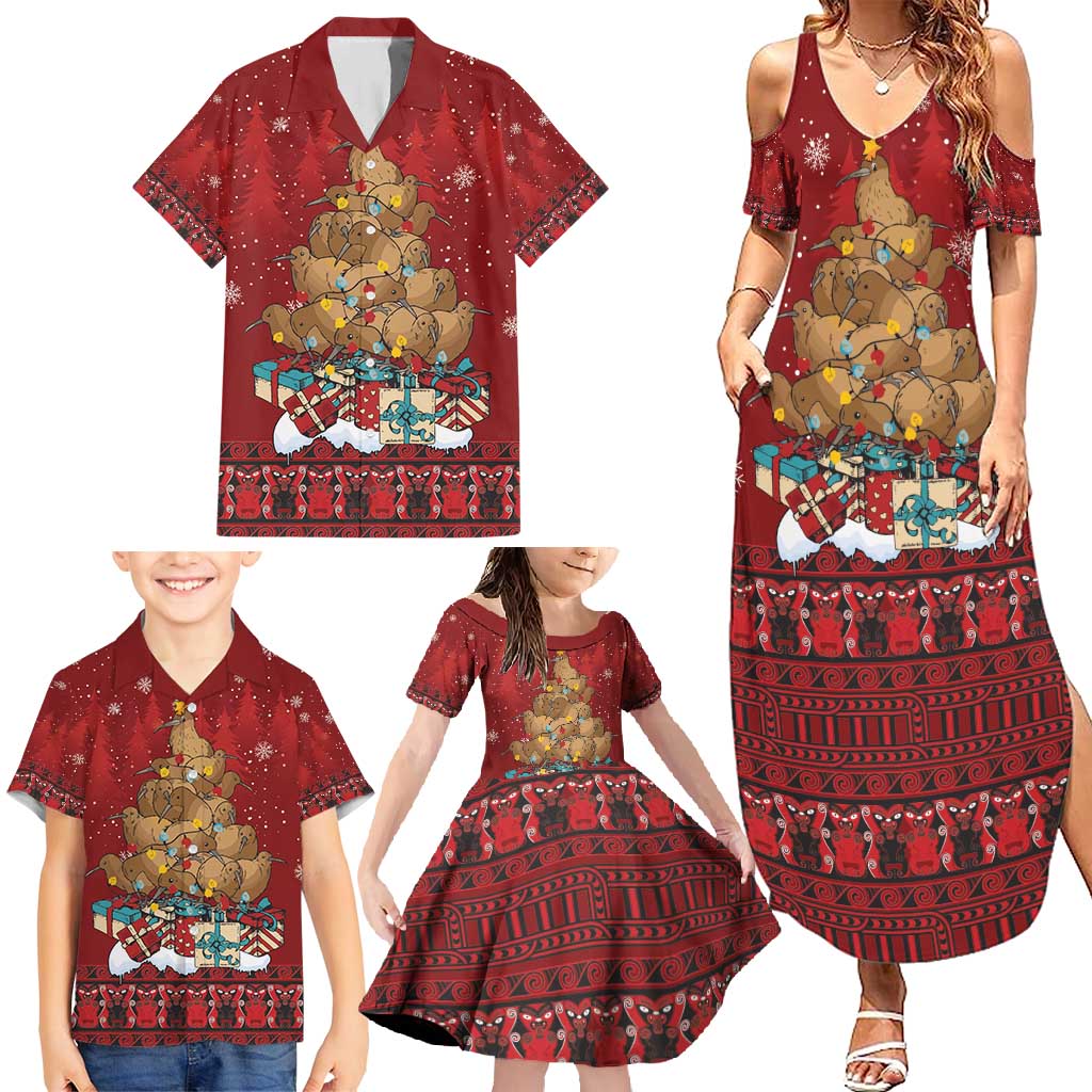 Funny Kiwi Bird Xmas Tree Family Matching Summer Maxi Dress and Hawaiian Shirt New Zealand Tribal Christmas Spirit - Polynesian Pride