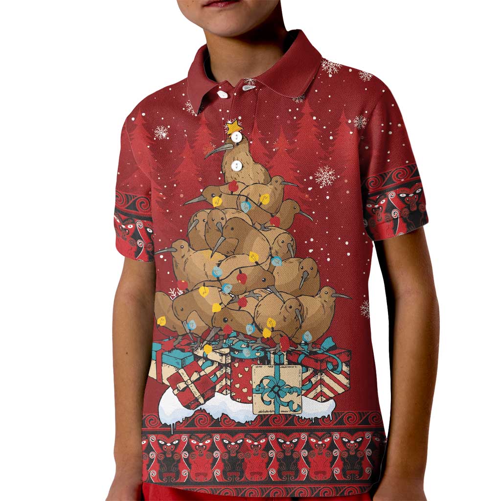 Funny Kiwi Bird Xmas Tree Kid Polo Shirt New Zealand Tribal Christmas Spirit LT9 Kid Red - Polynesian Pride