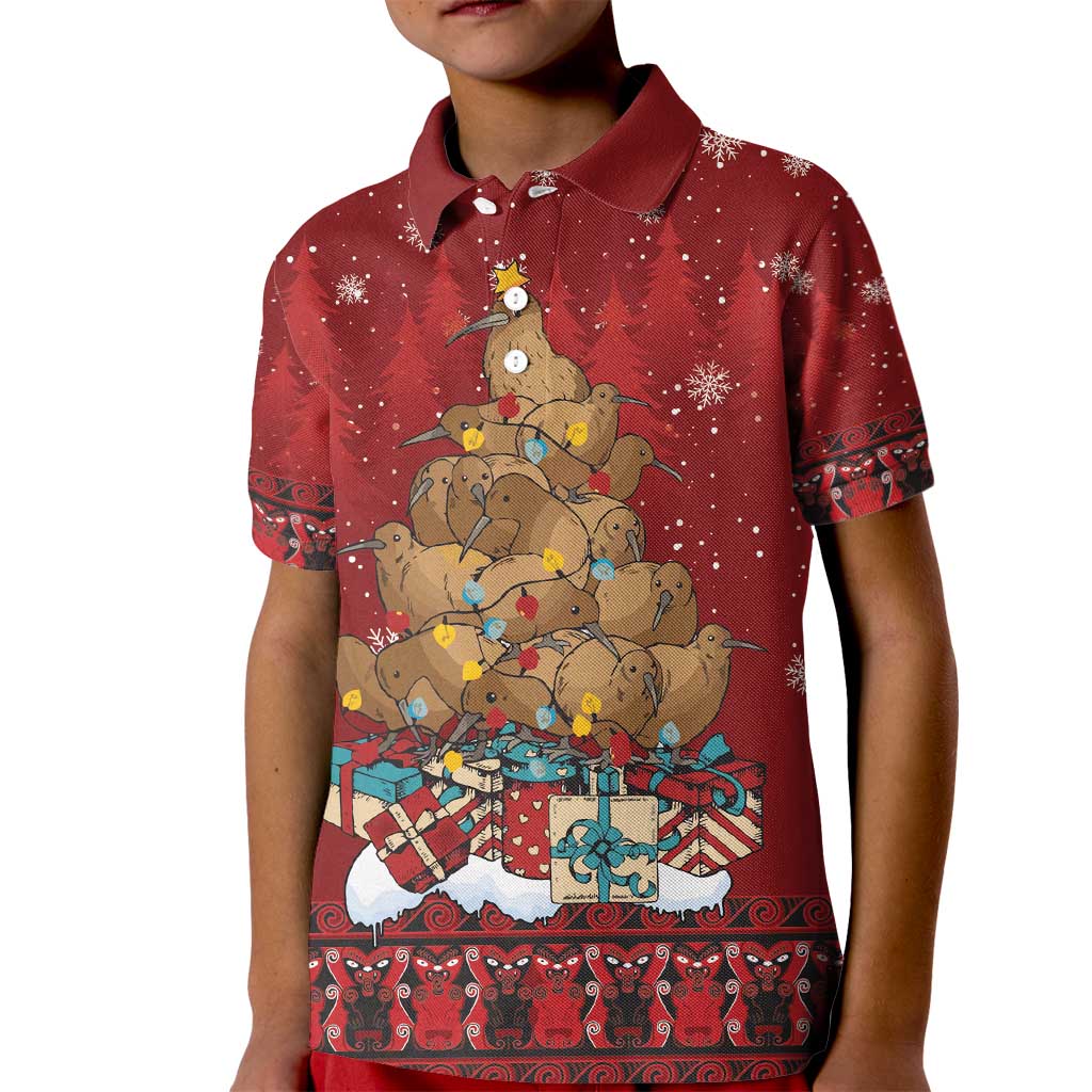 Funny Kiwi Bird Xmas Tree Kid Polo Shirt New Zealand Tribal Christmas Spirit - Polynesian Pride