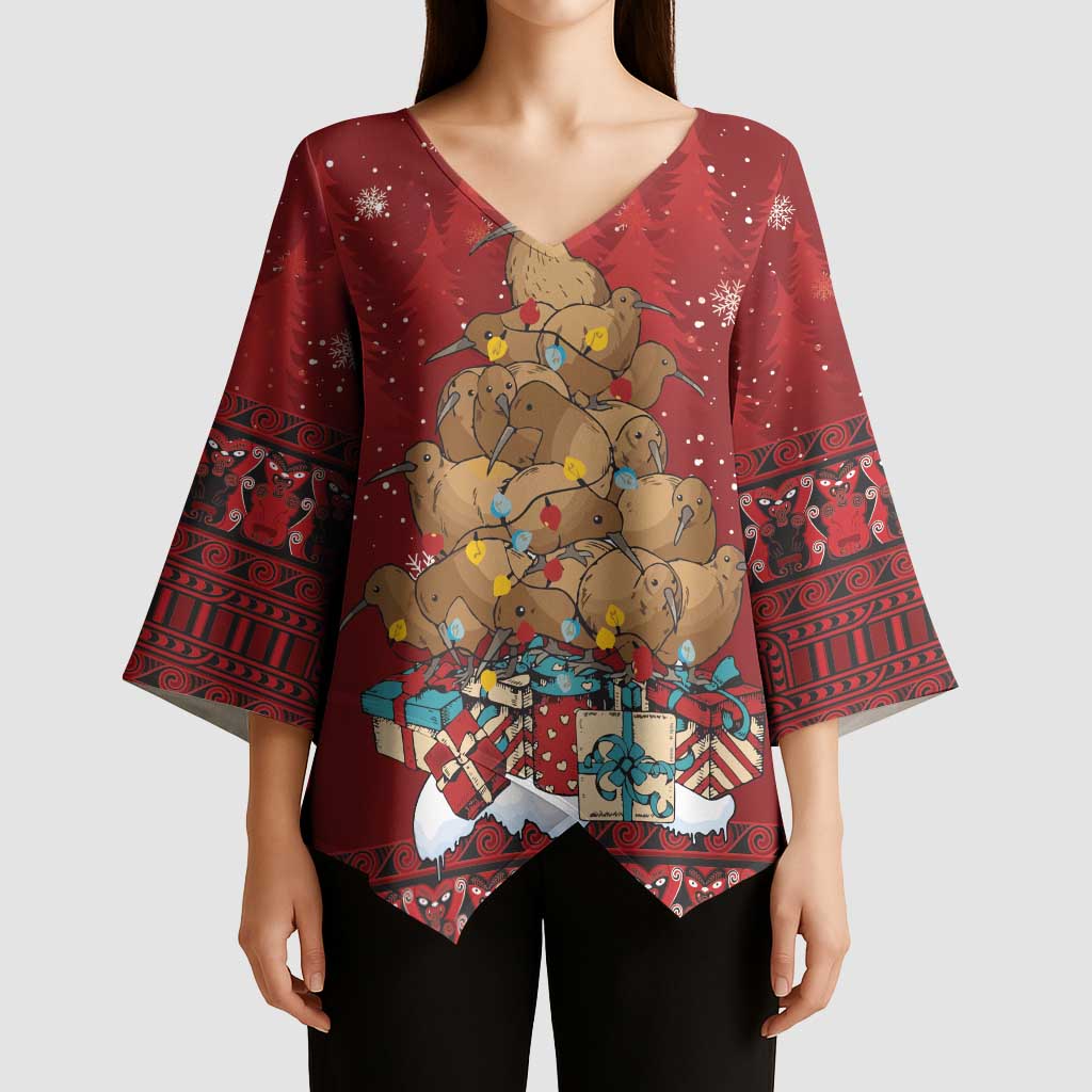 Funny Kiwi Bird Xmas Tree Kimono Sleeve Blouse New Zealand Tribal Christmas Spirit - Polynesian Pride
