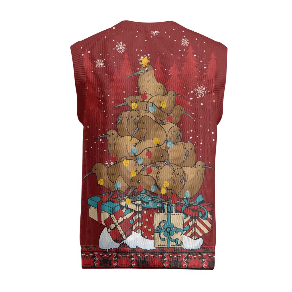 Funny Kiwi Bird Xmas Tree Christmas Knitted V-Neck Vest New Zealand Tribal Christmas Spirit - Polynesian Pride