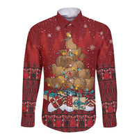 Funny Kiwi Bird Xmas Tree Long Sleeve Button Shirt New Zealand Tribal Christmas Spirit - Polynesian Pride