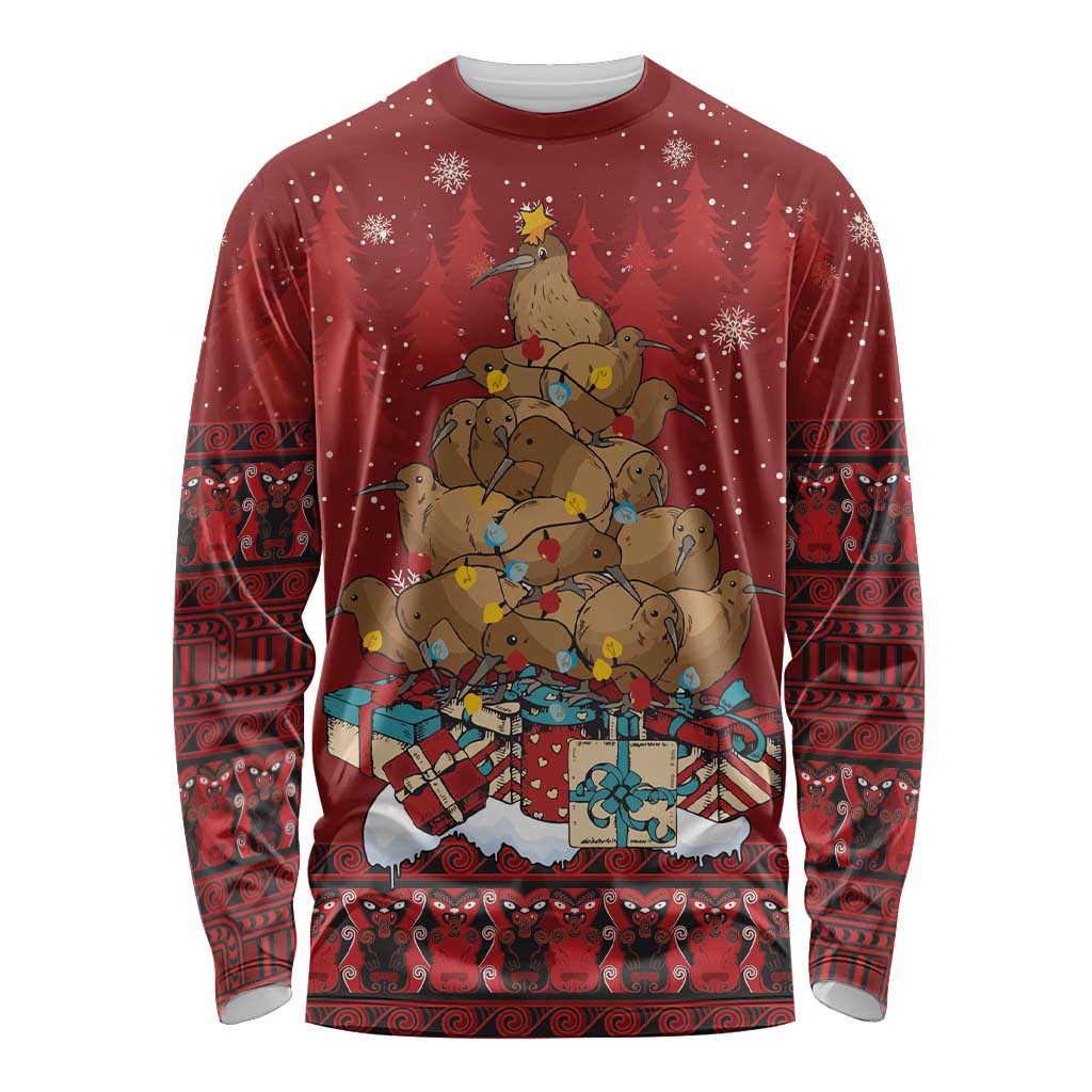 Funny Kiwi Bird Xmas Tree Long Sleeve Shirt New Zealand Tribal Christmas Spirit - Polynesian Pride