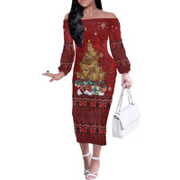 Funny Kiwi Bird Xmas Tree Off The Shoulder Long Sleeve Dress New Zealand Tribal Christmas Spirit LT9 Women Red - Polynesian Pride