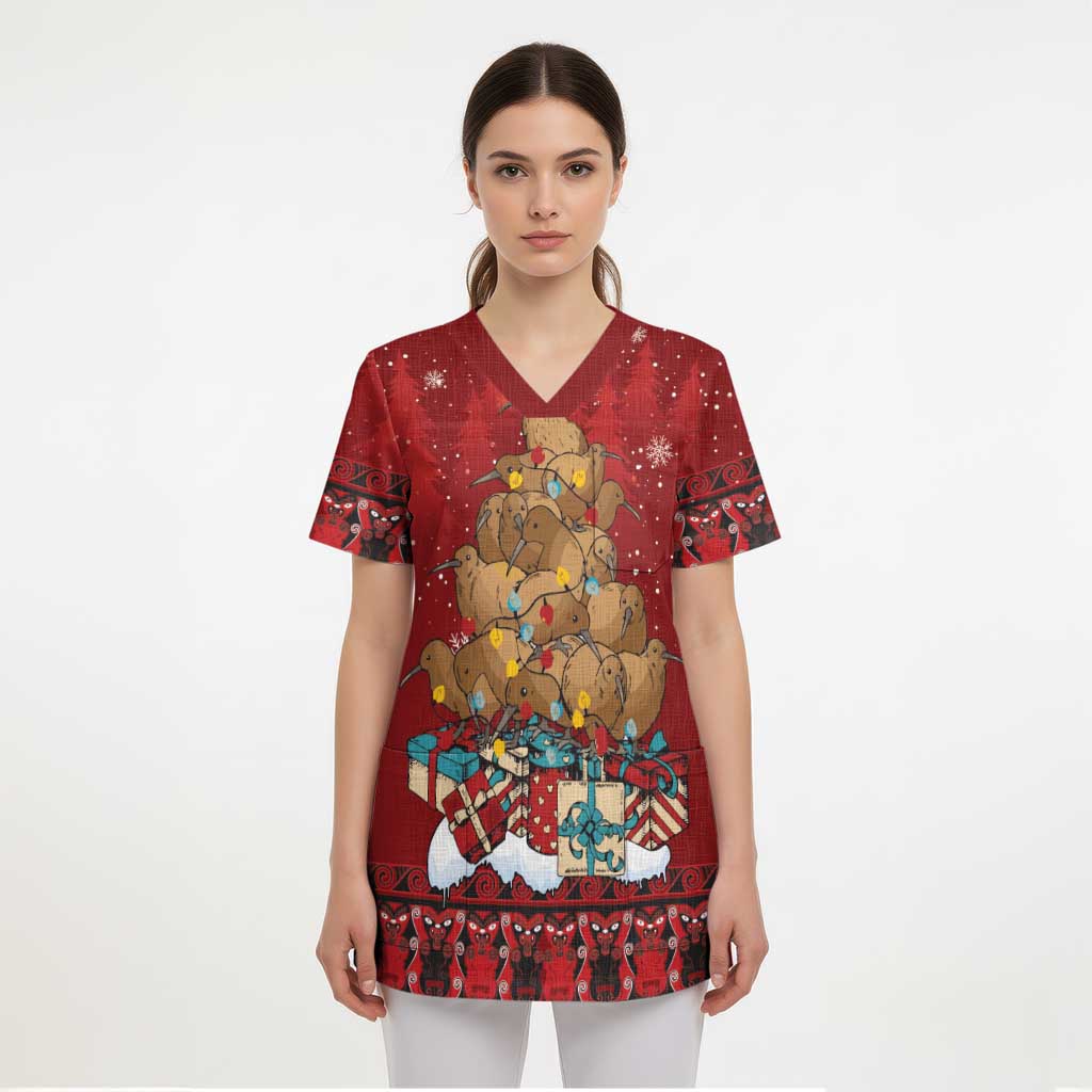 Funny Kiwi Bird Xmas Tree Scrub Top New Zealand Tribal Christmas Spirit - Polynesian Pride