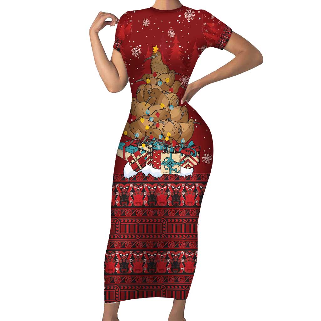 Funny Kiwi Bird Xmas Tree Short Sleeve Bodycon Dress New Zealand Tribal Christmas Spirit - Polynesian Pride