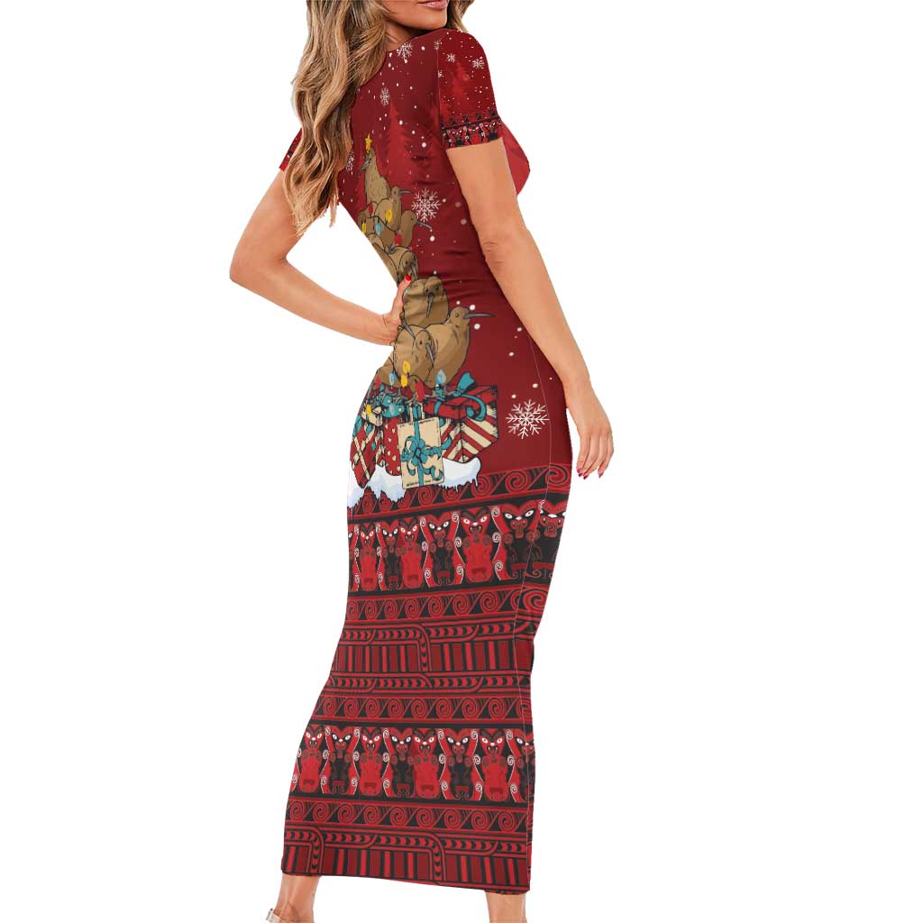 Funny Kiwi Bird Xmas Tree Short Sleeve Bodycon Dress New Zealand Tribal Christmas Spirit - Polynesian Pride