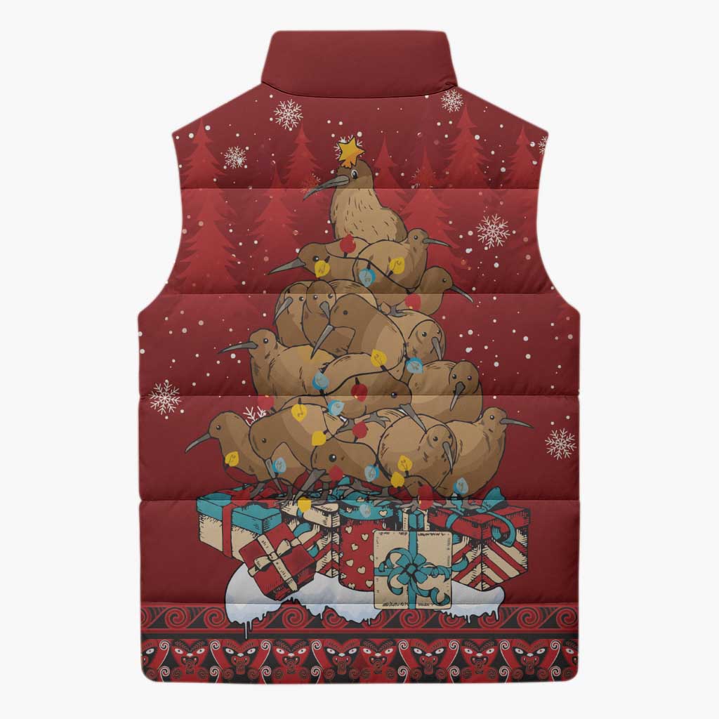 Funny Kiwi Bird Xmas Tree Sleeveless Puffer Jacket New Zealand Tribal Christmas Spirit - Polynesian Pride