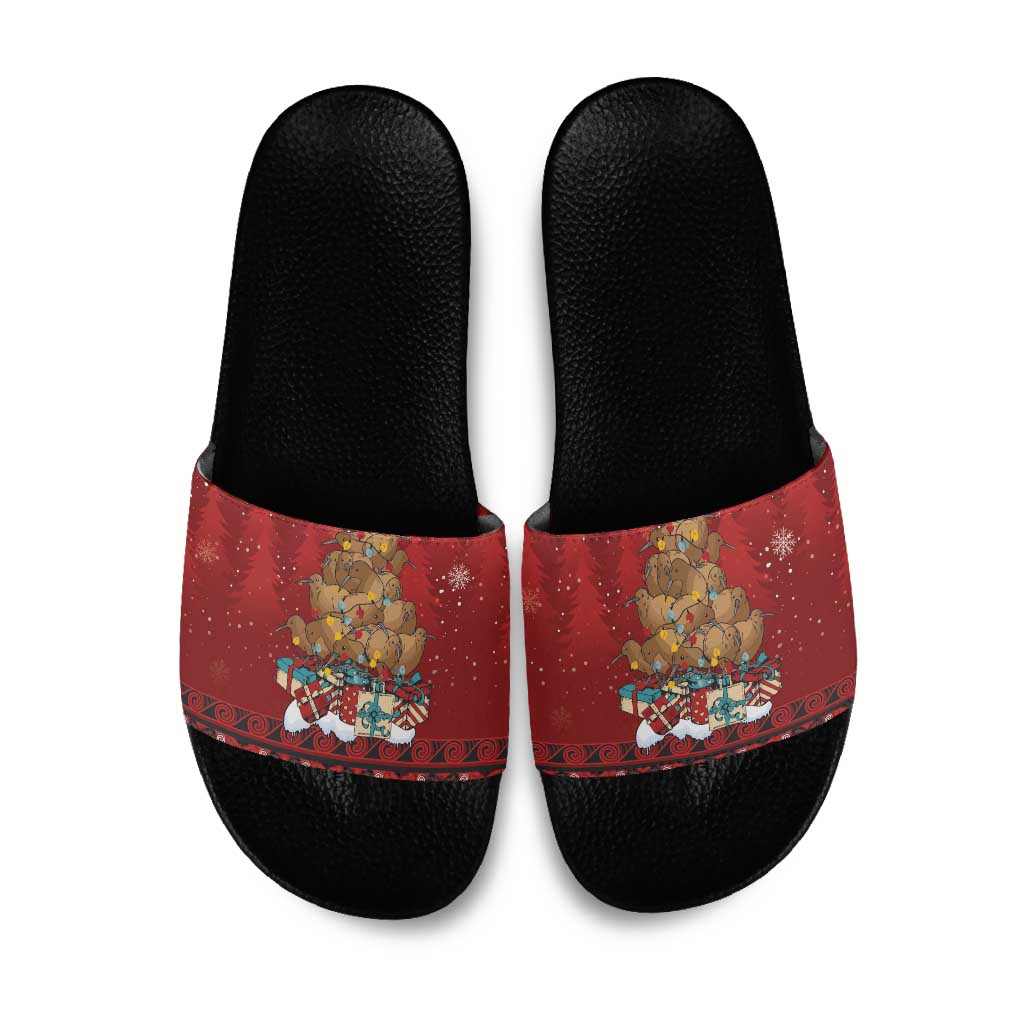 Funny Kiwi Bird Xmas Tree Slide Sandals New Zealand Tribal Christmas Spirit LT9 Red - Polynesian Pride