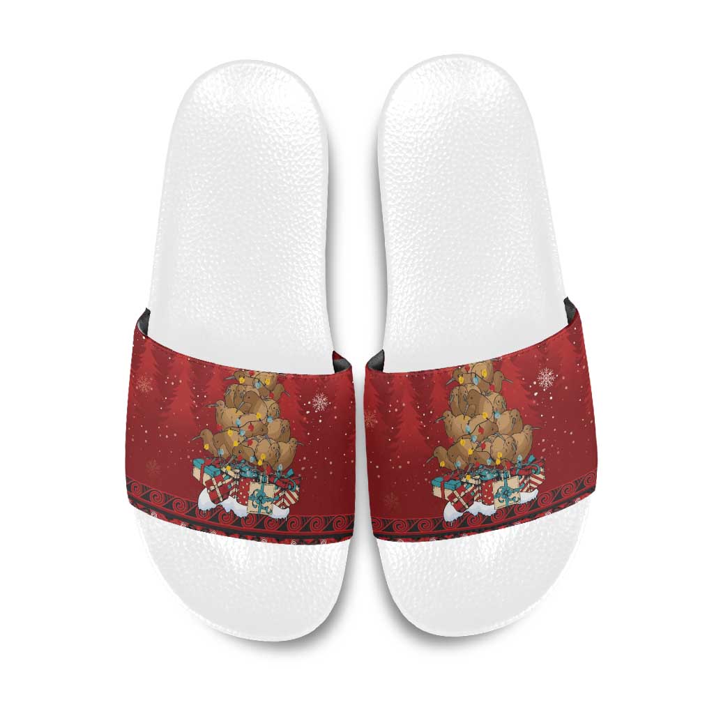 Funny Kiwi Bird Xmas Tree Slide Sandals New Zealand Tribal Christmas Spirit LT9 Red - Polynesian Pride