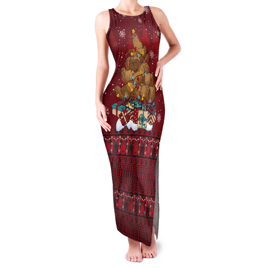 Funny Kiwi Bird Xmas Tree Tank Maxi Dress New Zealand Tribal Christmas Spirit LT9 Women Red - Polynesian Pride
