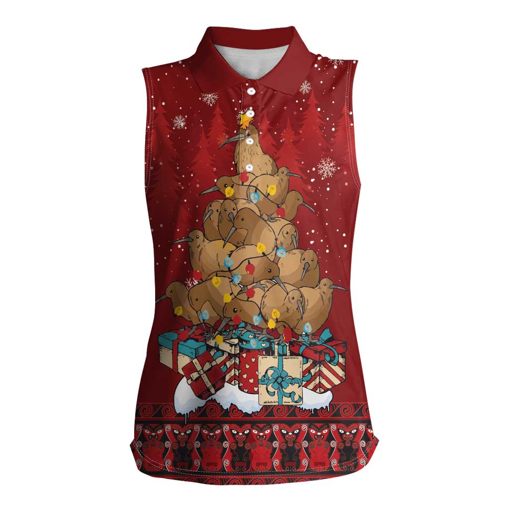 Funny Kiwi Bird Xmas Tree Women Sleeveless Polo Shirt New Zealand Tribal Christmas Spirit - Polynesian Pride