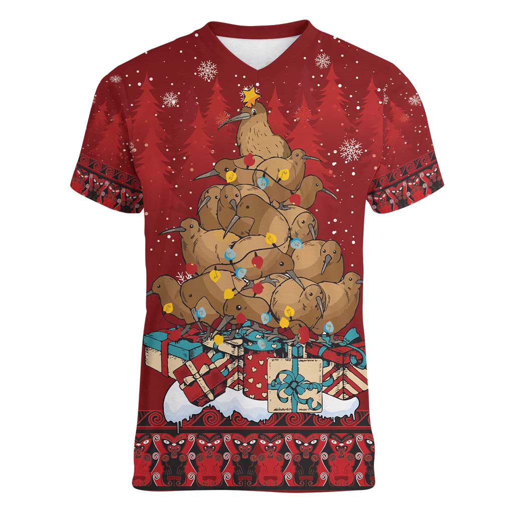 Funny Kiwi Bird Xmas Tree Women V-Neck T-Shirt New Zealand Tribal Christmas Spirit - Polynesian Pride