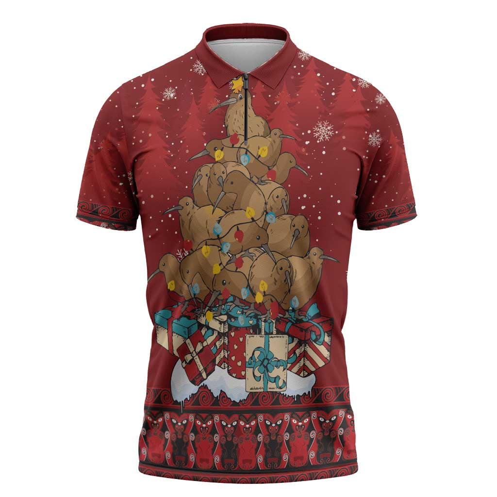 Funny Kiwi Bird Xmas Tree Zipper Polo Shirt New Zealand Tribal Christmas Spirit - Polynesian Pride