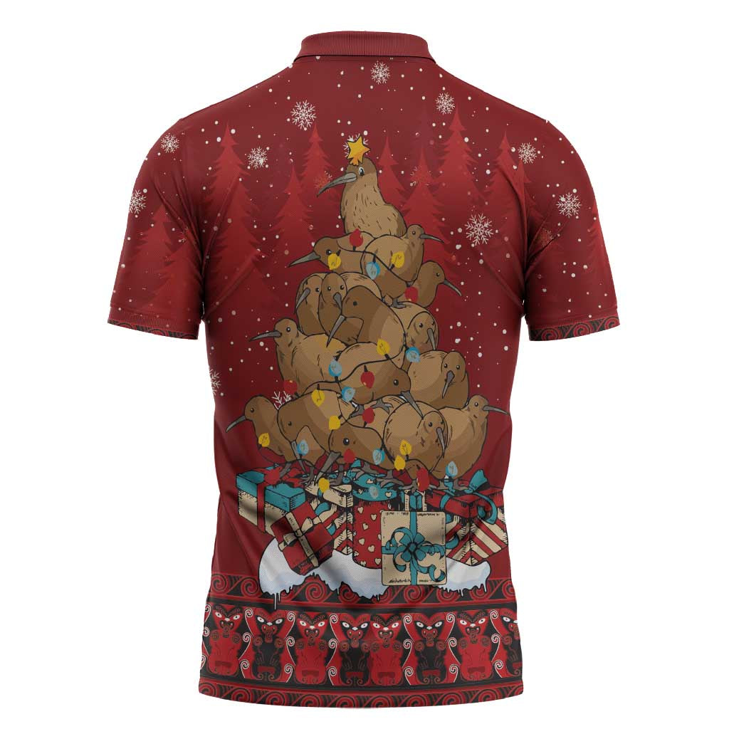 Funny Kiwi Bird Xmas Tree Zipper Polo Shirt New Zealand Tribal Christmas Spirit - Polynesian Pride