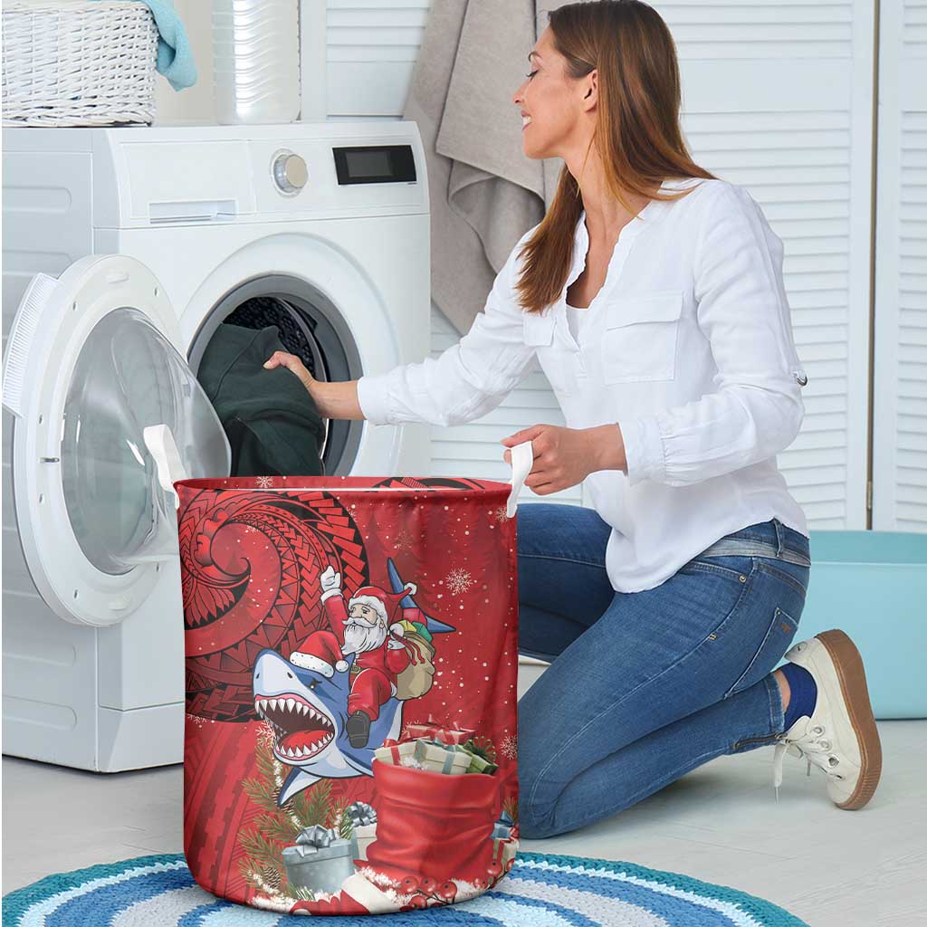 Funny Santa Riding Shark Laundry Basket Polynesian Tribal Christmas Spirit - Polynesian Pride