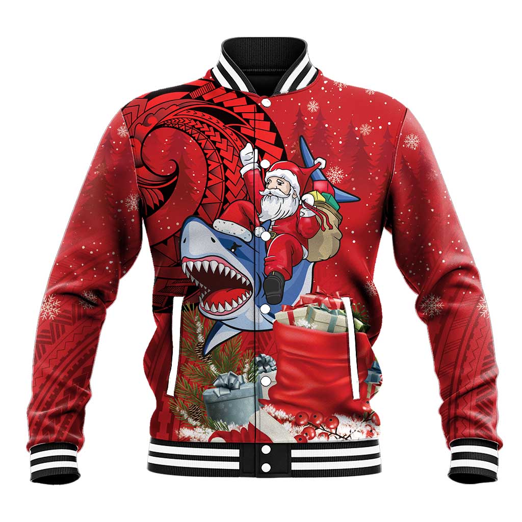Funny Santa Riding Shark Baseball Jacket Polynesian Tribal Christmas Spirit LT9 Unisex Red - Polynesian Pride