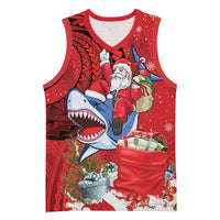 Funny Santa Riding Shark Basketball Jersey Polynesian Tribal Christmas Spirit LT9 Unisex Red - Polynesian Pride