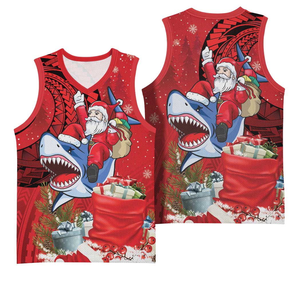 Funny Santa Riding Shark Basketball Jersey Polynesian Tribal Christmas Spirit LT9 - Polynesian Pride