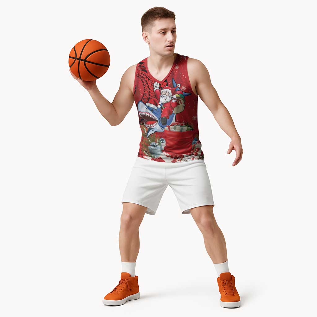 Funny Santa Riding Shark Basketball Jersey Polynesian Tribal Christmas Spirit LT9 - Polynesian Pride