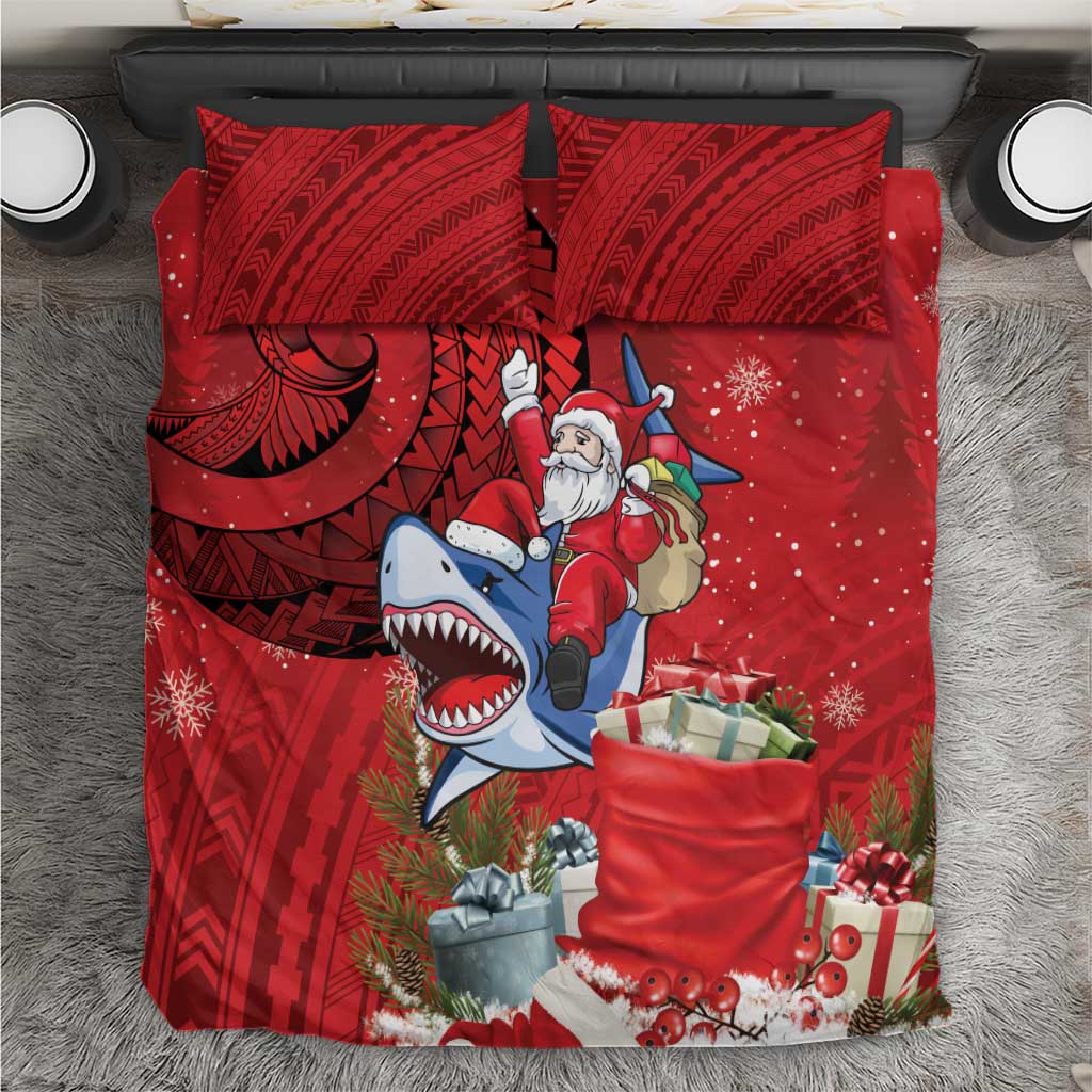 Funny Santa Riding Shark Bedding Set Polynesian Tribal Christmas Spirit LT9 Red - Polynesian Pride