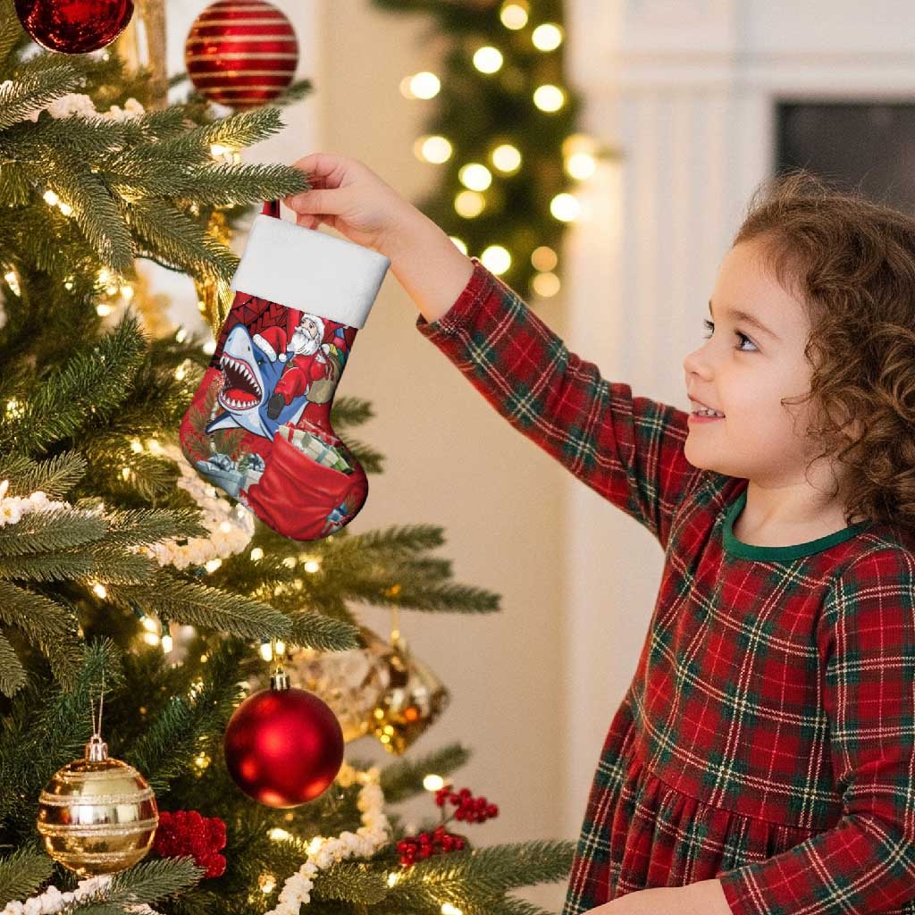 Funny Santa Riding Shark Christmas Stocking Polynesian Tribal Christmas Spirit - Polynesian Pride