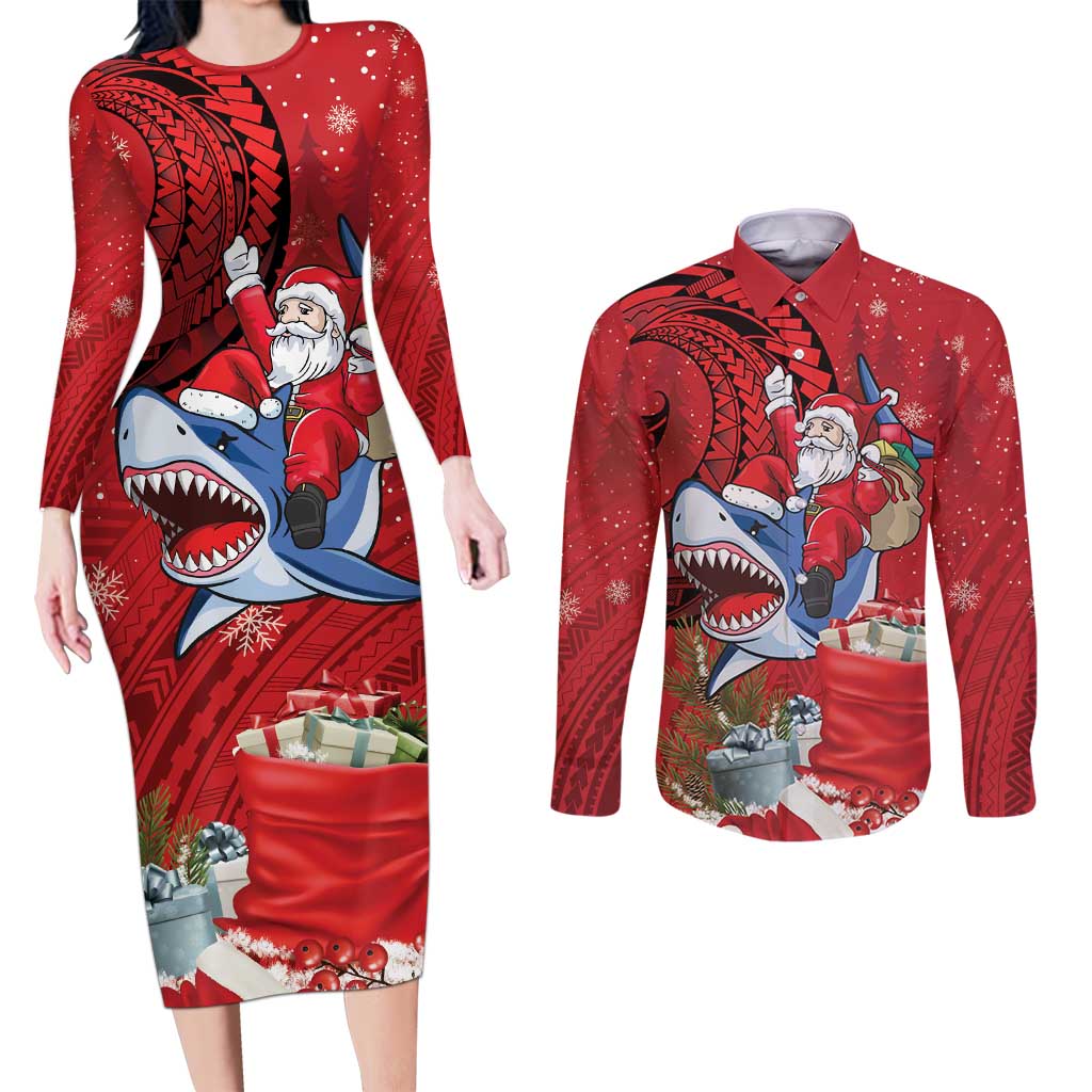 Funny Santa Riding Shark Couples Matching Long Sleeve Bodycon Dress and Long Sleeve Button Shirt Polynesian Tribal Christmas Spirit LT9 Red - Polynesian Pride