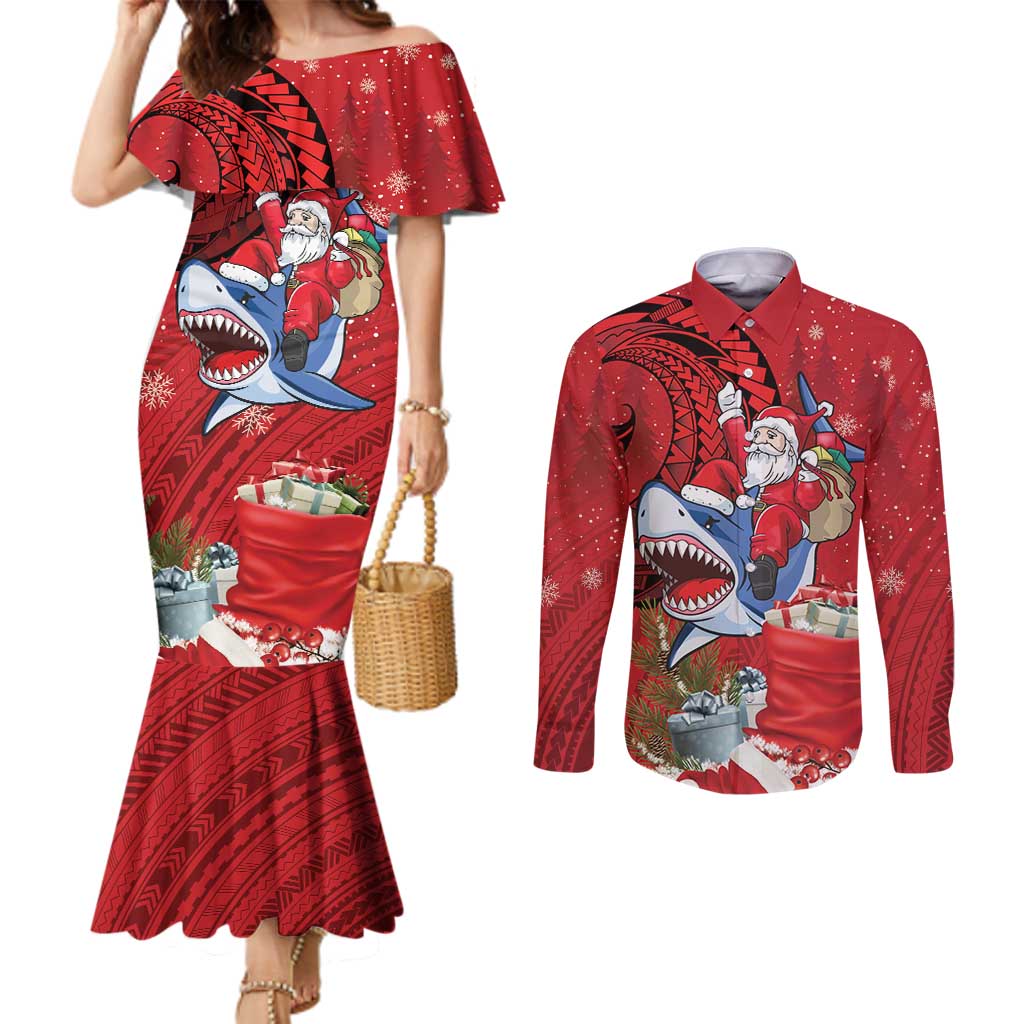 Funny Santa Riding Shark Couples Matching Mermaid Dress and Long Sleeve Button Shirt Polynesian Tribal Christmas Spirit LT9 Red - Polynesian Pride
