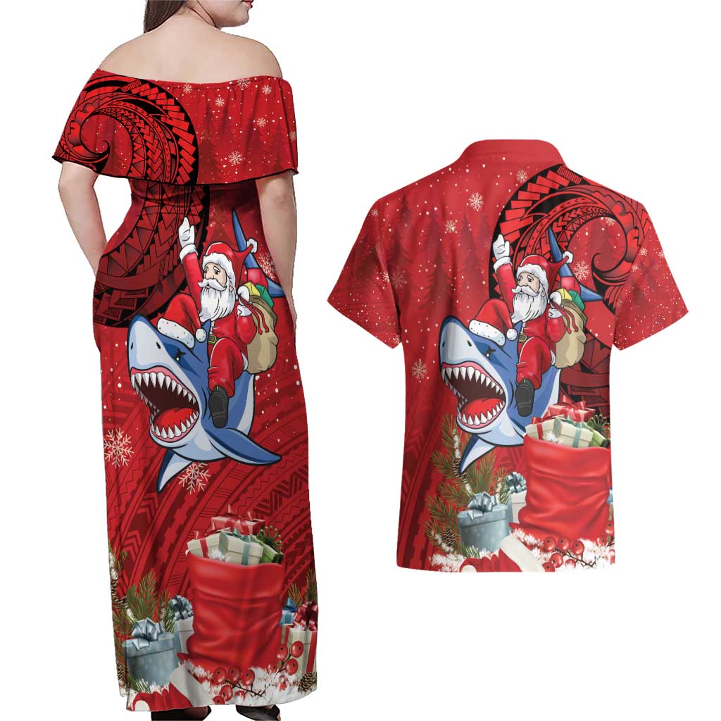 Funny Santa Riding Shark Couples Matching Off Shoulder Maxi Dress and Hawaiian Shirt Polynesian Tribal Christmas Spirit - Polynesian Pride