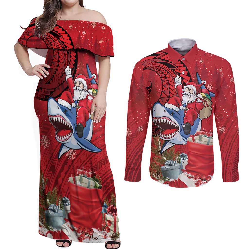 Funny Santa Riding Shark Couples Matching Off Shoulder Maxi Dress and Long Sleeve Button Shirt Polynesian Tribal Christmas Spirit LT9 Red - Polynesian Pride