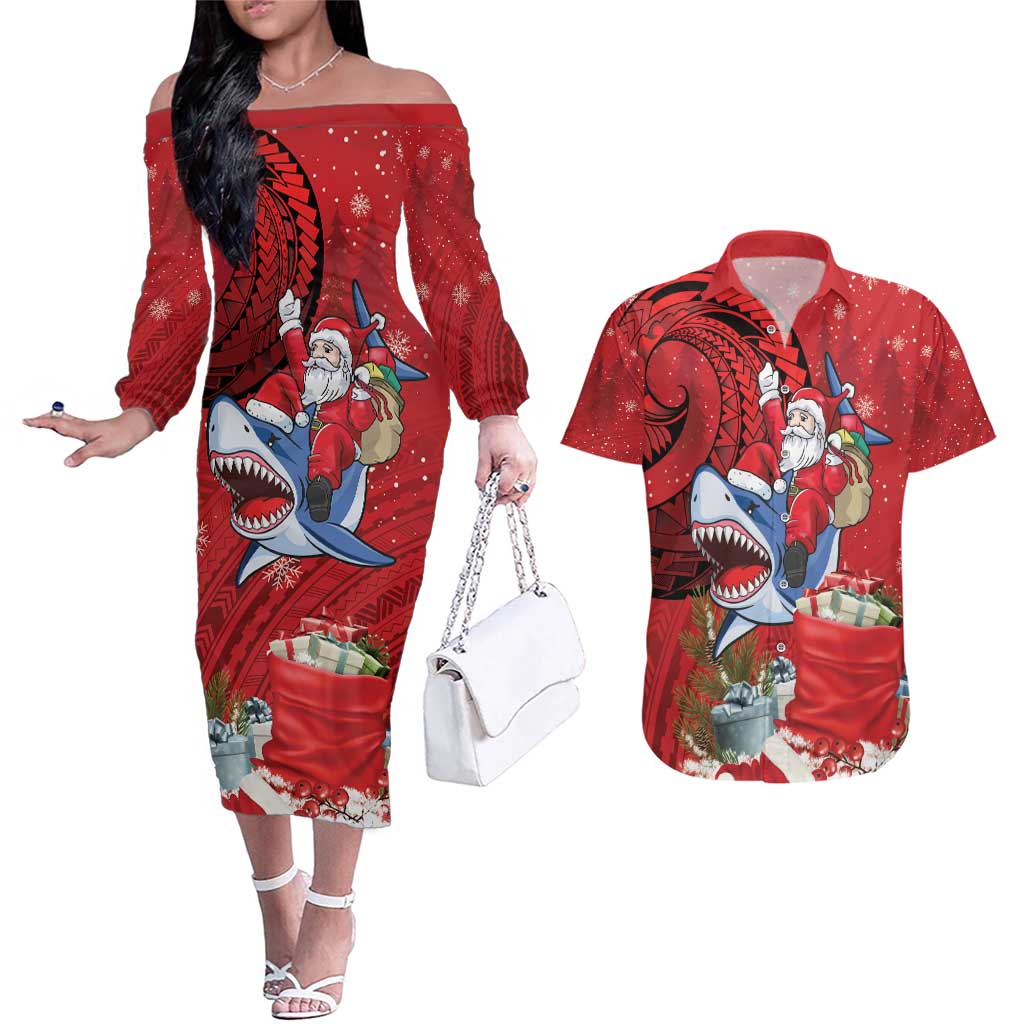 Funny Santa Riding Shark Couples Matching Off The Shoulder Long Sleeve Dress and Hawaiian Shirt Polynesian Tribal Christmas Spirit - Polynesian Pride