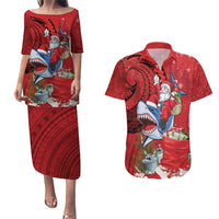Funny Santa Riding Shark Couples Matching Puletasi and Hawaiian Shirt Polynesian Tribal Christmas Spirit - Polynesian Pride