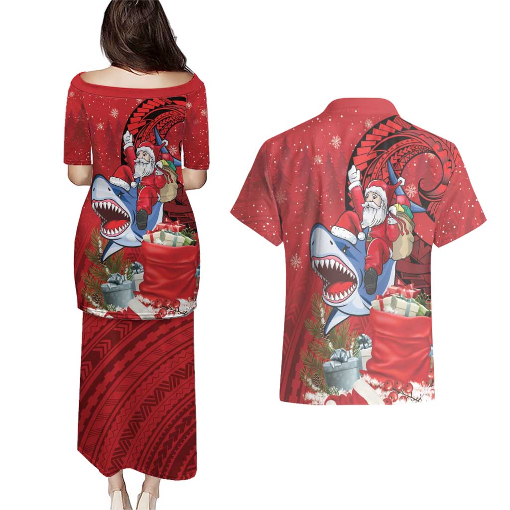 Funny Santa Riding Shark Couples Matching Puletasi and Hawaiian Shirt Polynesian Tribal Christmas Spirit - Polynesian Pride