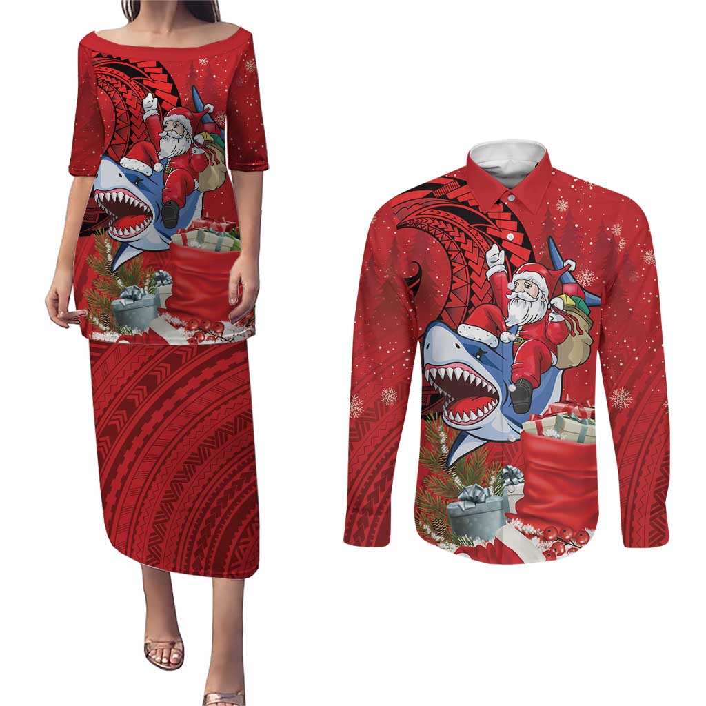 Funny Santa Riding Shark Couples Matching Puletasi and Long Sleeve Button Shirt Polynesian Tribal Christmas Spirit LT9 Red - Polynesian Pride