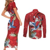 Funny Santa Riding Shark Couples Matching Short Sleeve Bodycon Dress and Long Sleeve Button Shirt Polynesian Tribal Christmas Spirit - Polynesian Pride