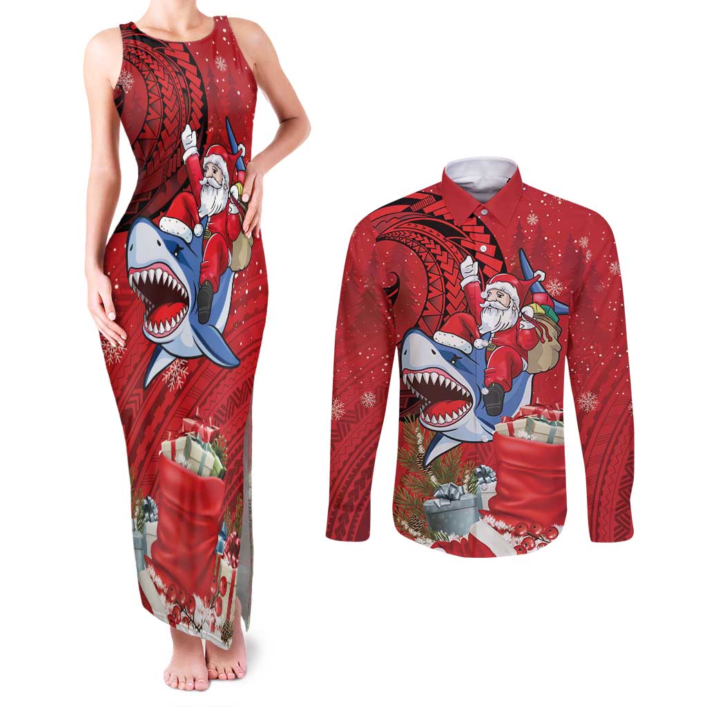 Funny Santa Riding Shark Couples Matching Tank Maxi Dress and Long Sleeve Button Shirt Polynesian Tribal Christmas Spirit LT9 Red - Polynesian Pride