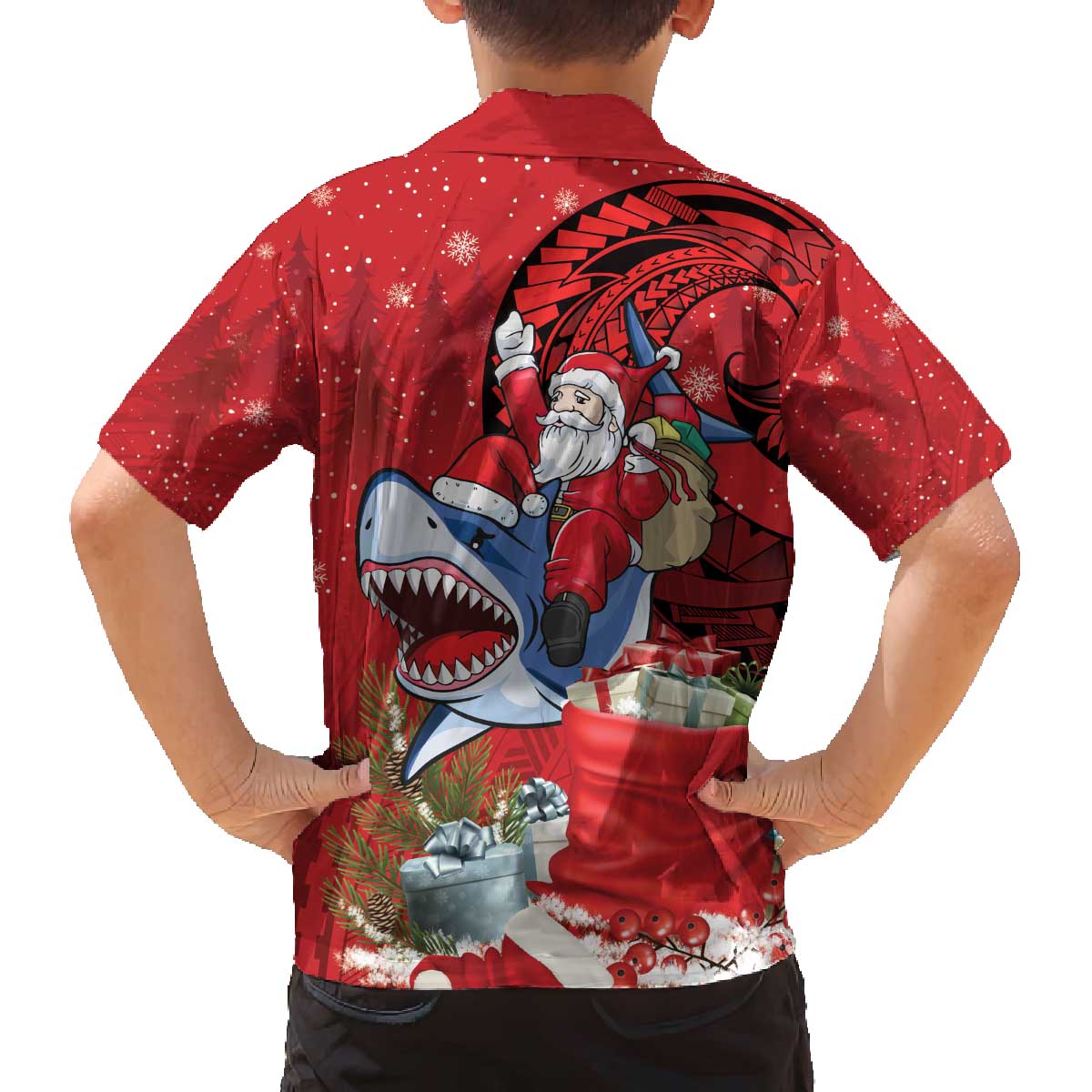 Funny Santa Riding Shark Family Matching Off The Shoulder Long Sleeve Dress and Hawaiian Shirt Polynesian Tribal Christmas Spirit - Polynesian Pride