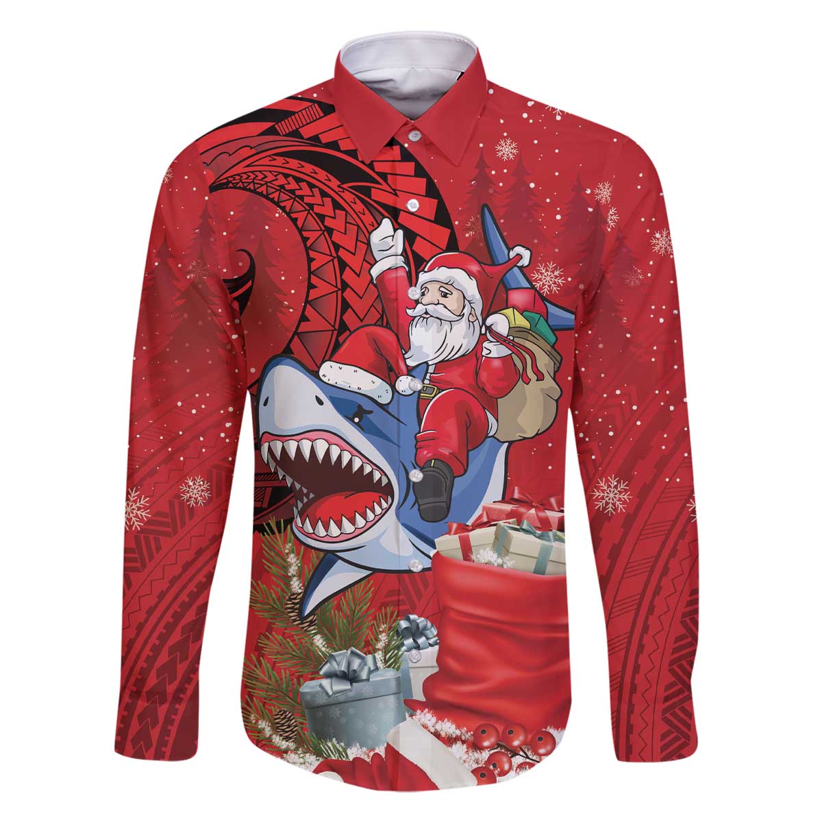 Funny Santa Riding Shark Family Matching Off The Shoulder Long Sleeve Dress and Hawaiian Shirt Polynesian Tribal Christmas Spirit - Polynesian Pride