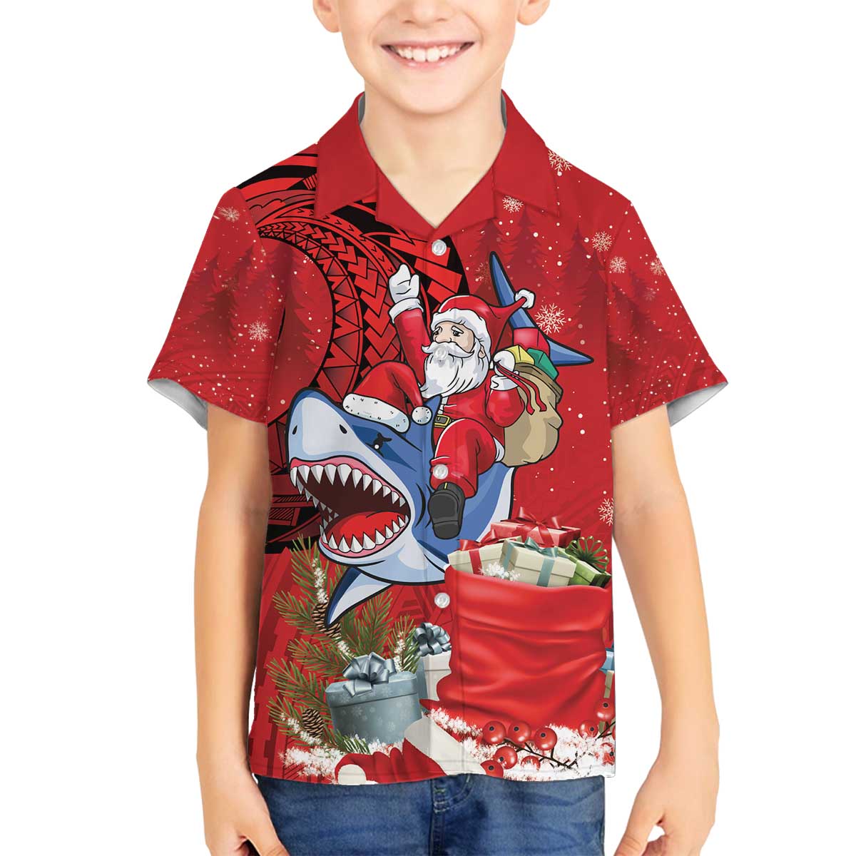Funny Santa Riding Shark Family Matching Off The Shoulder Long Sleeve Dress and Hawaiian Shirt Polynesian Tribal Christmas Spirit - Polynesian Pride