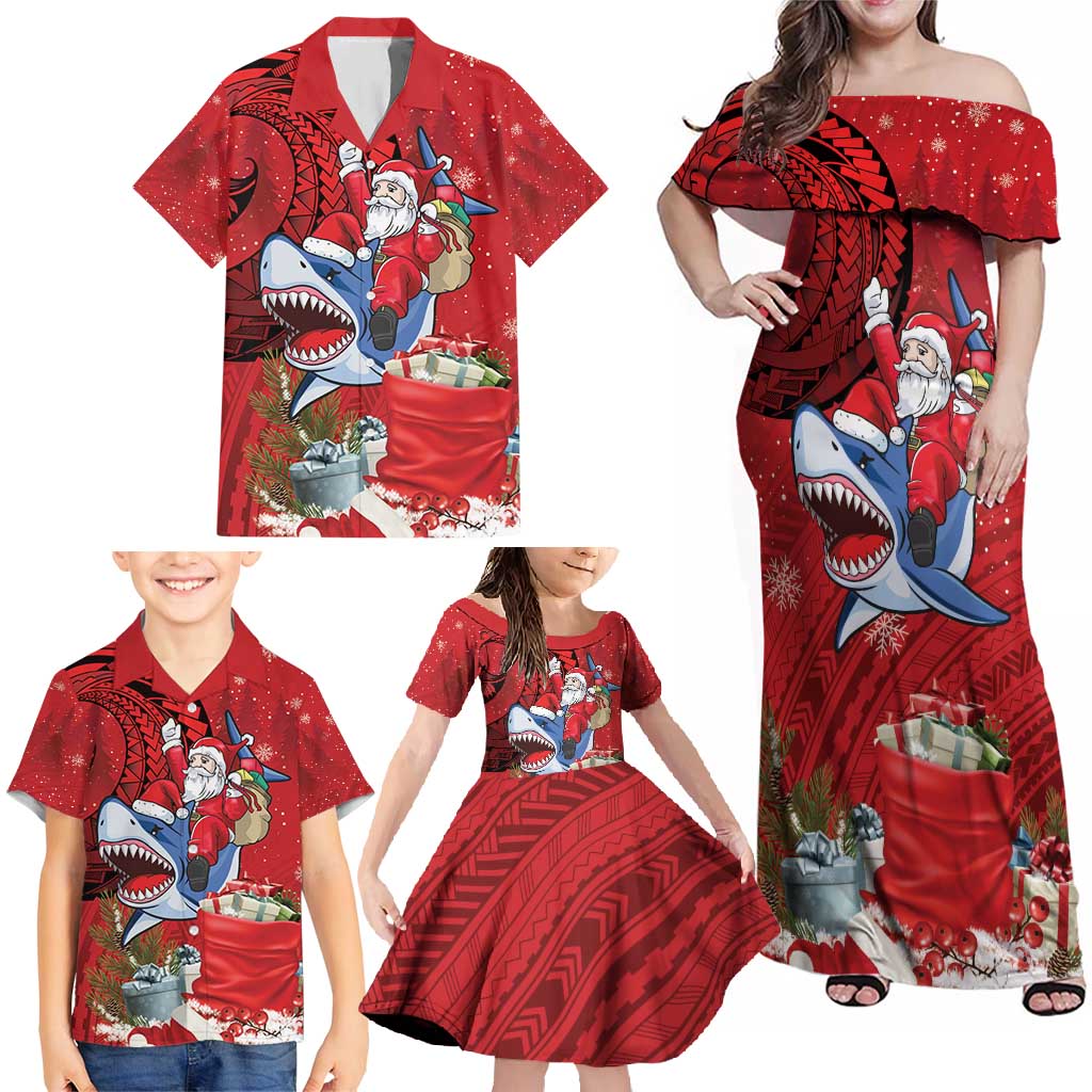 Funny Santa Riding Shark Family Matching Off Shoulder Maxi Dress and Hawaiian Shirt Polynesian Tribal Christmas Spirit - Polynesian Pride