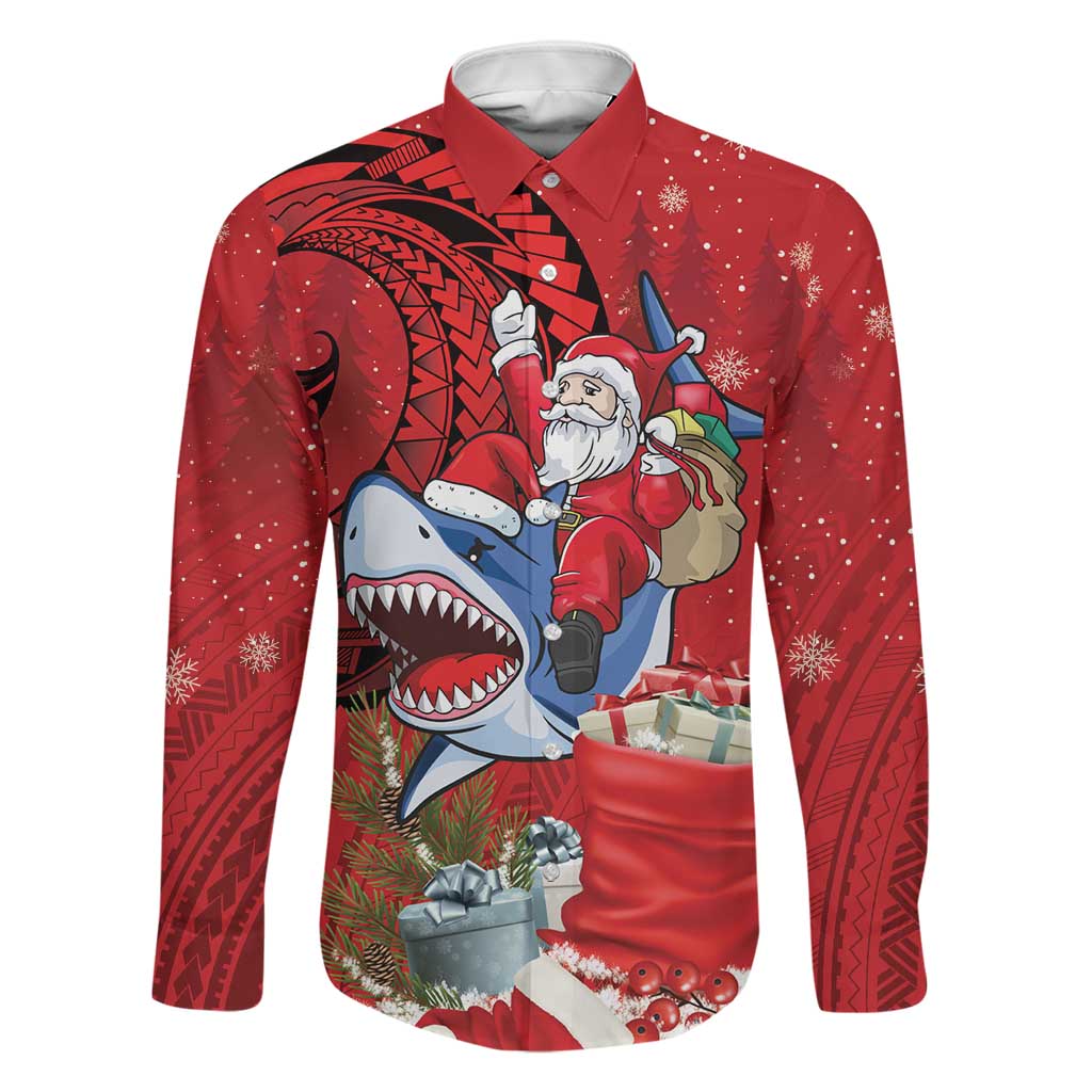 Funny Santa Riding Shark Family Matching Puletasi and Hawaiian Shirt Polynesian Tribal Christmas Spirit LT9 Dad's Shirt - Long Sleeve Red - Polynesian Pride