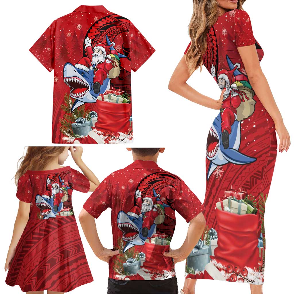 Funny Santa Riding Shark Family Matching Short Sleeve Bodycon Dress and Hawaiian Shirt Polynesian Tribal Christmas Spirit - Polynesian Pride