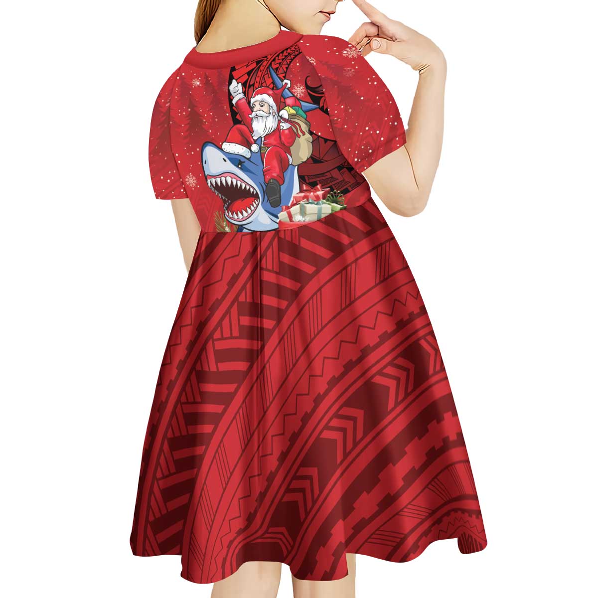 Funny Santa Riding Shark Kid Short Sleeve Dress Polynesian Tribal Christmas Spirit LT9 - Polynesian Pride