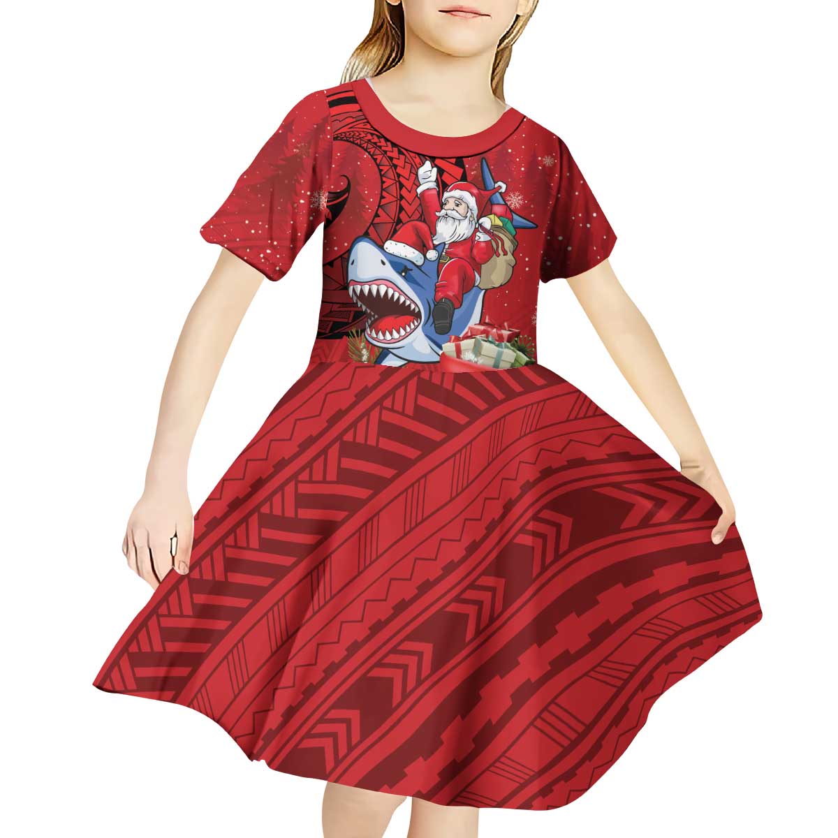 Funny Santa Riding Shark Kid Short Sleeve Dress Polynesian Tribal Christmas Spirit LT9 - Polynesian Pride