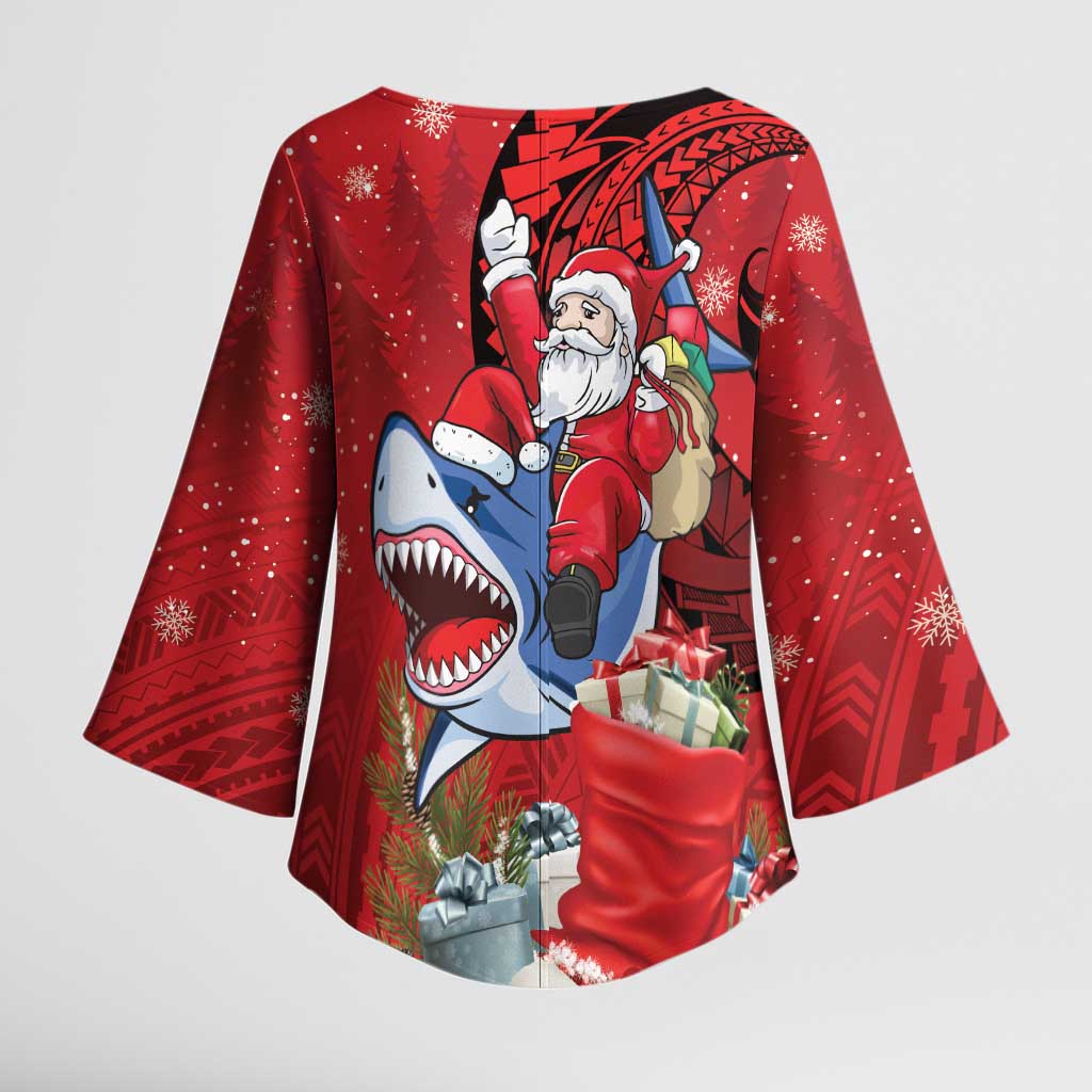 Funny Santa Riding Shark Kimono Sleeve Blouse Polynesian Tribal Christmas Spirit - Polynesian Pride
