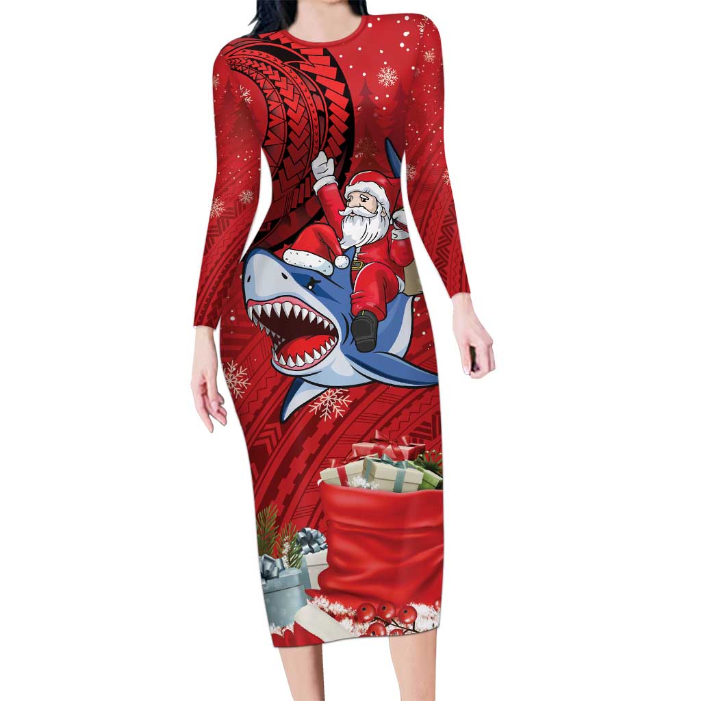 Funny Santa Riding Shark Long Sleeve Bodycon Dress Polynesian Tribal Christmas Spirit LT9 Long Dress Red - Polynesian Pride