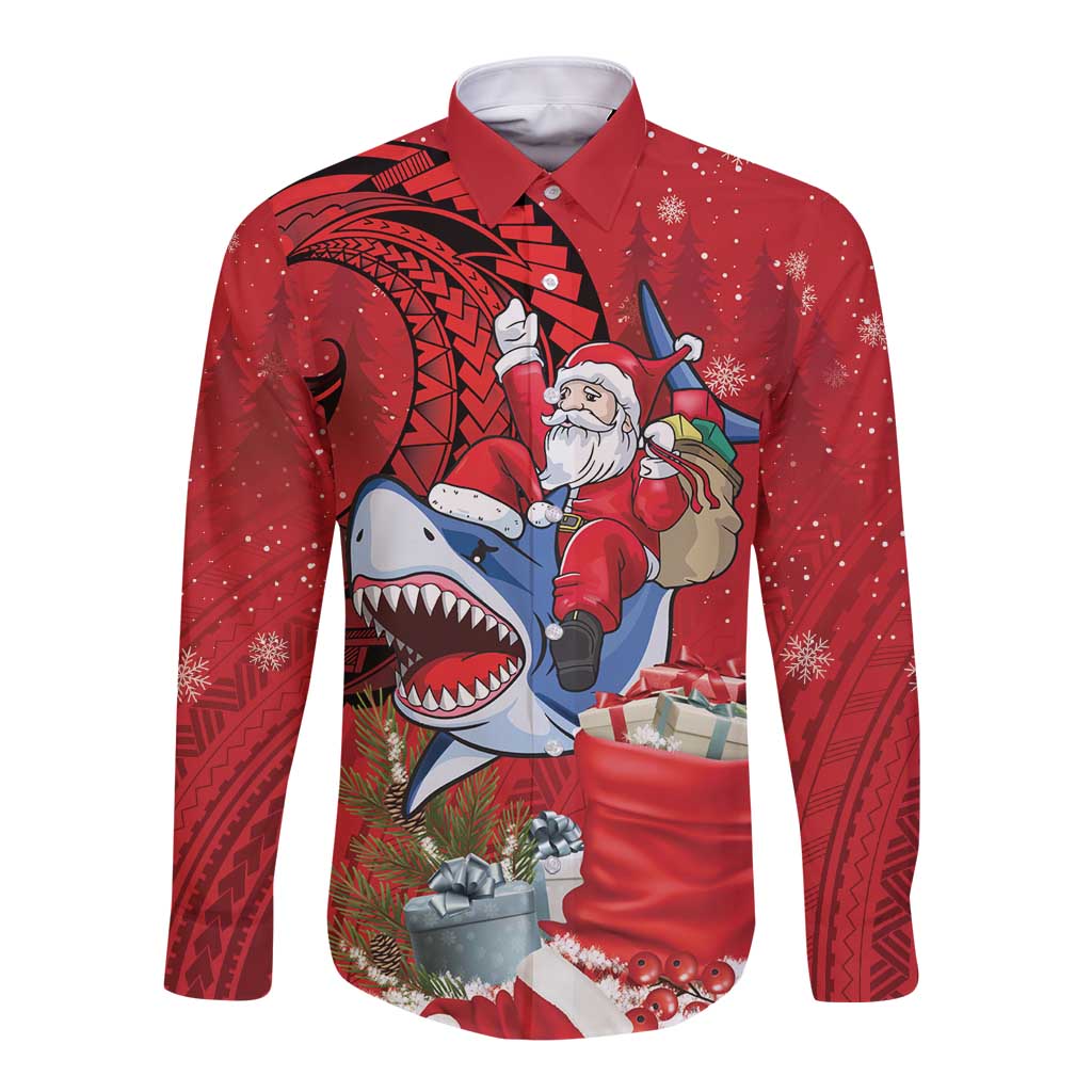Funny Santa Riding Shark Long Sleeve Button Shirt Polynesian Tribal Christmas Spirit LT9 Unisex Red - Polynesian Pride